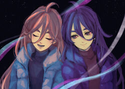 Rule 34 | 2girls, ahoge, arm at side, badeline, blue jacket, blue sweater, celeste (video game), closed eyes, commentary request, dark background, down jacket, fuwamoko momen toufu, hair between eyes, highres, jacket, leaning on person, long hair, long sleeves, looking at another, madeline (celeste), multiple girls, open mouth, purple eyes, purple hair, purple jacket, red hair, red sweater, side-by-side, smile, star (symbol), starry background, sweater