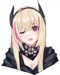 Rule 34 | 1girl, blonde hair, commentary request, echj, girls&#039; frontline, hair between eyes, head tilt, headgear, light blush, long hair, looking to the side, m4 sopmod ii (girls&#039; frontline), mask, mask around neck, multicolored hair, one eye closed, open mouth, portrait, red eyes, sketch, solo, straight hair, streaked hair, white background