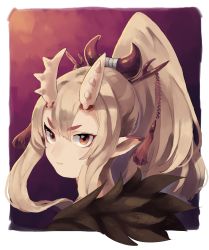 Rule 34 | 1girl, absurdres, blonde hair, border, closed mouth, hair ornament, hairpin, high ponytail, highres, horns, iga (okame nin), long hair, looking at viewer, okame nin, orange eyes, original, pointy ears, portrait, red background, solo, spiked horns, tassel, white border