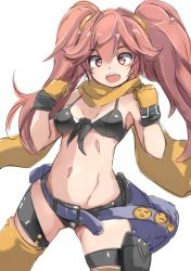 Rule 34 | 1girl, arms up, belt, bikini, black bikini, breasts, brown eyes, brown hair, character request, clenched hands, commentary request, copyright request, gloves, karukan (monjya), long hair, navel, open mouth, scarf, small breasts, smile, solo, swimsuit, thigh strap, thighhighs, yellow gloves, yellow scarf, yellow thighhighs