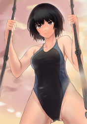 Rule 34 | 1girl, absurdres, amagami, black eyes, black hair, bob cut, breasts, closed mouth, competition swimsuit, covered navel, highres, looking at viewer, medium breasts, nanasaki ai, one-piece swimsuit, pink sky, school uniform, short hair, sky, smile, solo, swimsuit, swing, swing set, thighs, yoo tenchi