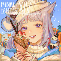 Rule 34 | 1girl, :d, animal ears, artist name, candy, candy cane, cat ears, cat girl, copyright name, earrings, english text, facial mark, fangs, final fantasy, final fantasy xiv, food, fruit, gift, grey hair, guan tang baozi, holding, holding food, jewelry, light blush, long sleeves, medium hair, miqo&#039;te, mole, mole under eye, open mouth, pocky, portrait, purple eyes, single earring, smile, snow, snowing, snowman, solo, strawberry, sweater, waffle, warrior of light (ff14), whisker markings, white sweater