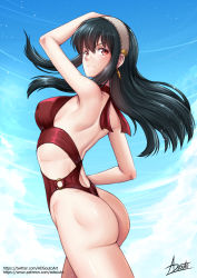 Rule 34 | 1girl, adsouto, arm up, ass, black hair, blue sky, breasts, clothing cutout, cloud, earrings, floating hair, from side, gold earrings, hair between eyes, hairband, halterneck, hand on own hip, highres, jewelry, large breasts, long hair, looking at viewer, looking to the side, one-piece swimsuit, patreon username, red eyes, red one-piece swimsuit, side cutout, signature, sky, solo, spy x family, swimsuit, thighs, twitter username, watermark, web address, white hairband, yor briar