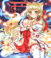 Rule 34 | 1girl, animal ears, artist name, at classics, bare shoulders, blonde hair, blush, bow, breast hold, breasts, fox ears, fox tail, groin, hair bow, hair censor, hair over breasts, hand on own leg, hip vent, japanese clothes, large breasts, leaf, long hair, long sleeves, looking at viewer, magatama, miko, no panties, off shoulder, original, red bow, red skirt, ribbon-trimmed sleeves, ribbon trim, sample watermark, sidelocks, sitting, skirt, solo, tail, thighhighs, torii, traditional media, very long hair, wariza, watermark, white thighhighs, wide sleeves, yellow eyes