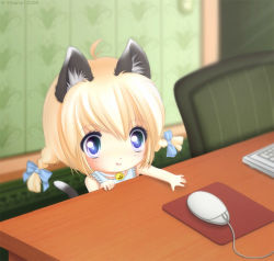 Rule 34 | 00s, 1girl, 2008, :p, ahoge, animal ears, artist name, bell, blonde hair, blue eyes, bow, braid, cat ears, cat tail, chibi, desk, hair bow, hitana, indoors, jingle bell, keyboard (computer), md5 mismatch, mouse (computer), original, outstretched arm, outstretched hand, petite, reaching, resized, resolution mismatch, solo, source smaller, tail, tareme, tongue, tongue out, twin braids, upscaled