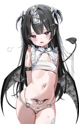 Rule 34 | 1girl, absurdres, armband, bandaged chest, bandages, bandaid, bandaid on face, bandaid on thigh, bikini, black eyes, black hair, blunt bangs, blush, bow, collar, commentary request, demon girl, demon tail, demon wings, detached collar, fang, flat chest, hair between eyes, hair bow, heart, heart tail, heart tattoo, highres, lace, long hair, navel, open mouth, original, parted bangs, pubic tattoo, puff of air, riko (rik0ring), short twintails, simple background, skin fang, solo, stomach, sweat, sweatdrop, swimsuit, tail, tattoo, twintails, white background, white bow, white collar, wings