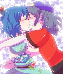 Rule 34 | 2girls, ara, ara (sora-ageha), blouse, blue hair, blush, couple, dress, closed eyes, female focus, flower, from side, hair ornament, hair rings, hair stick, hand on another&#039;s cheek, hand on another&#039;s face, hat, imminent kiss, kaku seiga, miyako yoshika, multiple girls, outstretched arms, red shirt, shirt, short hair, skirt, smile, touhou, yuri, zombie pose