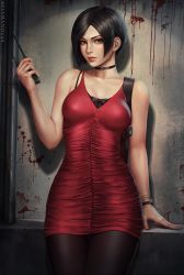 Rule 34 | 1girl, ada wong, bare shoulders, black hair, blush, breasts, brown eyes, choker, dress, gloves, gun, highres, looking at viewer, medium breasts, pantyhose, red dress, resident evil, resident evil 2, resident evil 2 (remake), revision, sciamano240, short hair, simple background, solo, standing, weapon