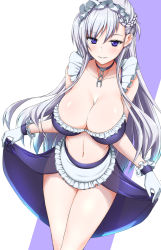 Rule 34 | 1girl, alternate costume, apron, azur lane, bare legs, bare shoulders, belfast (azur lane), bra, braid, breasts, broken, broken chain, chain, cleavage, collar, collarbone, enmaided, french braid, frilled apron, frilled bra, frills, gloves, hair over shoulder, highres, koutarou (plusdrive), large breasts, lifted by self, long hair, looking at viewer, maid, maid headdress, midriff, navel, open mouth, parted bangs, parted lips, purple eyes, sagging breasts, see-through, simple background, smile, solo, thighs, two-tone background, underwear, white gloves, white hair