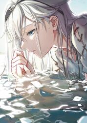 Rule 34 | 1boy, absurdres, black hairband, blue eyes, chinese commentary, commentary, cross-laced clothes, cross-laced top, curled fingers, hairband, half-closed eyes, highres, ikooto111, in water, jewelry, long hair, male focus, necklace, nier, nier (series), nier (brother), parted lips, partially submerged, petals, petals on liquid, portrait, profile, reflection, reflective water, shirt, short sleeves, solo, tooth necklace, water, wet, white hair, white petals, white shirt