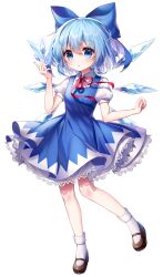 Rule 34 | 1girl, absurdres, blue bow, blue dress, blue eyes, blue hair, blush, bow, brown footwear, cirno, collared shirt, detached wings, dress, fairy, fingernails, full body, hair between eyes, hair bow, highres, ice, ice wings, parted lips, pinafore dress, pudding (skymint 028), puffy short sleeves, puffy sleeves, shirt, shoes, short hair, short sleeves, simple background, sleeveless, sleeveless dress, socks, solo, touhou, white background, white shirt, white socks, wings