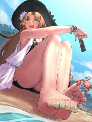 Rule 34 | 1girl, arknights, artist name, bare legs, bare shoulders, barefoot, black headwear, black shorts, blue sky, breasts, brown hair, cleavage, cloud, cloudy sky, commentary request, crab, day, dolphin shorts, feet, flower, foot focus, foreshortening, green eyes, green nails, hair flower, hair ornament, highres, holding, knees up, legs, legs together, long hair, medium breasts, nail polish, ocean, open mouth, outdoors, paid reward available, parted bangs, shadow, shorts, signature, sky, soles, solo, swire (arknights), thighs, toe scrunch, toenail polish, toenails, toes, very long hair, wavy hair, wristband, yamauchi (conan-comy)