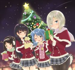 Rule 34 | 10s, 4girls, alternate costume, black hair, blue eyes, blue hair, blush, breasts, capelet, christmas ornaments, christmas tree, double bun, gift, green eyes, hair bun, hair ornament, hairclip, hamakaze (kancolle), headband, isokaze (kancolle), jacket, kantai collection, large breasts, long hair, looking at viewer, multiple girls, night, night sky, open mouth, outdoors, pantyhose, plaid, plaid skirt, purple eyes, red jacket, sarfata, short hair, silver hair, skirt, sky, smile, star (sky), starry sky, tanikaze (kancolle), urakaze (kancolle)