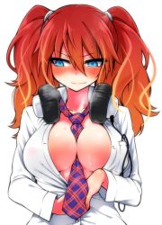 Rule 34 | 1girl, between breasts, blue eyes, blush, breasts, chankodining waka, cleavage, headphones, headphones around neck, highres, large breasts, looking away, necktie, necktie between breasts, open clothes, open shirt, original, plaid, plaid necktie, red hair, shirt, simple background, solo, sweat, twintails, white background, white shirt