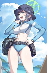 Rule 34 | 1girl, bag, belt pouch, bikini, bikini bottom only, black hair, black hat, blue archive, blue bikini, blue eyes, blue sky, blush, breasts, bucket hat, cloud, cowboy shot, cropped jacket, day, duffel bag, from below, halo, hand on own hip, hat, highres, holding, holding bag, impossible clothes, large breasts, looking ahead, midriff, mountainous horizon, official alternate costume, open mouth, outdoors, pouch, saki (blue archive), saki (swimsuit) (blue archive), shiny skin, short hair, sky, smile, solo, swimsuit, tamago (eva1314056), thighs, watch, water, wristwatch