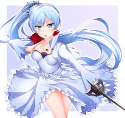 Rule 34 | 1girl, bare legs, blue eyes, blush, breasts, cleavage, dress, healther, holding, holding sword, holding weapon, long hair, ponytail, rapier, rwby, scar, scar across eye, scar on face, silver hair, small breasts, snowflakes, solo, sword, weapon, weiss schnee