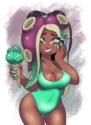 Rule 34 | 1girl, black hair, breasts, cephalopod eyes, cleavage, collarbone, dark-skinned female, dark skin, female focus, food, green eyes, green hair, green one-piece swimsuit, grin, hand on own cheek, hand on own face, headphones, holding, holding food, ice cream, ice cream cone, large breasts, long hair, looking at viewer, marina (splatoon), mint chocolate, mole, mole under mouth, multicolored hair, nintendo, octoling, octopus girl, omegasunburst, one-piece swimsuit, smile, solo, splatoon (series), splatoon 2, swimsuit, teeth, tentacle hair, tentacles, two-tone hair