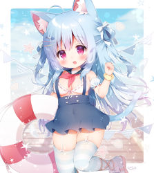Rule 34 | 1girl, absurdres, ahoge, animal ear fluff, animal ears, arm up, bikini, bikini top only, bikini under clothes, blue hair, blue skirt, blush, breasts, cat ears, cat tail, cleavage, cloud, convenient censoring, covered navel, detached collar, garter straps, gluteal fold, hair ornament, hairclip, highres, innertube, leg up, long hair, miniskirt, momozu komamochi, no panties, no shirt, open mouth, original, outdoors, red eyes, ribbon, sailor collar, sandals, scrunchie, skindentation, skirt, sky, smile, solo, standing, standing on one leg, suspender skirt, suspenders, swim ring, swimsuit, tail, thick thighs, thigh gap, thighhighs, thighs, toe scrunch, two side up, white thighhighs, wrist scrunchie