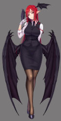 Rule 34 | 1girl, absurdres, black footwear, black pantyhose, black skirt, black vest, blush, breasts, buttons, closed mouth, collared shirt, cross, cross earrings, demon tail, demon wings, earrings, full body, gloves, grey background, haiiro gundan, hand up, head wings, high heels, highres, jewelry, koakuma, large breasts, lips, long hair, long sleeves, low wings, necktie, pantyhose, pencil skirt, pointy ears, red eyes, red hair, shirt, simple background, skirt, skirt set, smile, solo, standing, tail, touhou, vest, white gloves, white shirt, wings