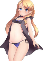 Rule 34 | 1girl, bikini, black bikini, blonde hair, blue eyes, blush, breasts, commentary request, hair between eyes, hair ornament, hairclip, highres, long hair, looking at viewer, navel, neit ni sei, original, side-tie bikini bottom, sidelocks, small breasts, solo, stomach, swimsuit, tan, tanline, twintails, vest, white background