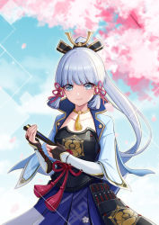 Rule 34 | 1girl, armor, ayaka (genshin impact), blue eyes, blue hair, blue sky, blunt bangs, blush, breastplate, cherry blossoms, choker, closed mouth, fingerless gloves, genshin impact, gloves, hair ornament, hand fan, highres, holding, holding fan, japanese clothes, light blue hair, looking at viewer, mole, mole under eye, ponytail, que meng meng, sky, smile, solo, vambraces
