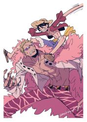Rule 34 | 2boys, black hair, blonde hair, blue shorts, capri pants, closed eyes, coat, donquixote doflamingo, earrings, feather coat, fur trim, hat, highres, jewelry, male focus, medamayaki tro, monkey d. luffy, multiple boys, muscular, muscular male, one piece, open clothes, pants, person on shoulder, pink coat, red shirt, sandals, sash, scar, scar on chest, shirt, short hair, shorts, size difference, smile, straw hat, sunglasses, teeth, twitter username, white background, white shirt, yellow sash