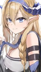 Rule 34 | 1girl, absurdres, arknights, bare shoulders, blonde hair, blue eyes, blue hairband, blue necktie, breasts, cleavage, commentary, hairband, highres, horn/wood, horns, large breasts, long hair, looking at viewer, necktie, pointy ears, saileach (arknights), simple background, smile, solo, upper body, white background