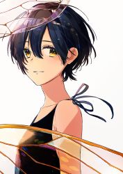 Rule 34 | 1girl, bare shoulders, black dress, black hair, collarbone, commentary, dress, flat chest, from side, hair between eyes, kurokeisin, looking at viewer, original, parted lips, purple hair, short hair, simple background, sleeveless, sleeveless dress, smile, solo, upper body, white background, wings, yellow eyes