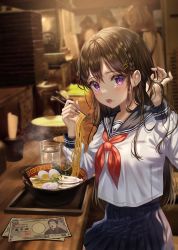 Rule 34 | 1girl, absurdres, aina 156cm, blue skirt, blurry, blurry background, blush, braid, breasts, chopsticks, commentary, cup, depth of field, earrings, eating, egg, food, food on face, glass, hair ornament, hand in own hair, hand up, hands up, highres, holding, holding chopsticks, huge filesize, indoors, jewelry, long hair, looking at viewer, money, neckerchief, noodles, open mouth, original, pleated skirt, purple eyes, ramen, sailor collar, school uniform, serafuku, shirt, sitting, skirt, smile, solo, symbol-only commentary, water, white shirt, x hair ornament
