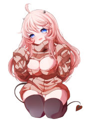 Rule 34 | 1girl, ahoge, artist name, black thighhighs, blue eyes, breasts, demon tail, full body, highres, horns, kanola u, large breasts, long hair, meme attire, open-chest sweater, original, panties, seiza, signature, simple background, sitting, sleeves past wrists, solo, sweater, tail, thighhighs, turtleneck, underwear, white background, white panties