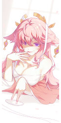 Rule 34 | 1girl, absurdres, animal ears, breasts, cleavage, collarbone, detached sleeves, fingernails, genshin impact, hair between eyes, hair ornament, highres, indoors, japanese clothes, kimono, large breasts, long hair, looking at viewer, lower teeth only, nail polish, open mouth, pink hair, pink nails, plate, purple eyes, ribbon, shadow, sidelocks, smile, solo, teeth, white ribbon, wide sleeves, window, wolfour, yae miko