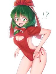 Rule 34 | !?, 1girl, absurdres, adapted costume, arm at side, bare shoulders, bow, breasts, cleavage, cleavage cutout, clothes pull, clothing cutout, commentary request, embarrassed, frilled bow, frilled ribbon, frills, front ponytail, green eyes, green hair, hair between eyes, hair bow, hair ribbon, highres, kagiyama hina, kushidama minaka, legs apart, long hair, looking down, meme attire, one-piece swimsuit pull, open-chest sweater, open mouth, red ribbon, red sweater, ribbed sweater, ribbon, short sleeves, sideboob, simple background, solo, standing, surprised, sweatdrop, sweater, swimsuit, tearing up, tears, teeth, touhou, white background
