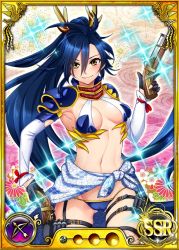 Rule 34 | 1girl, armpits, blue hair, blush, breasts, cameltoe, card (medium), cleavage, clothes around waist, dmm, elbow gloves, gloves, gun, legs, long hair, looking at viewer, nacvel, nobunaga wa ore no yome. hime bushou 1000-ningiri, official art, ponytail, shoulder pads, simple background, small breasts, smile, solo, standing, thighs, thong, trading card, weapon, yellow eyes