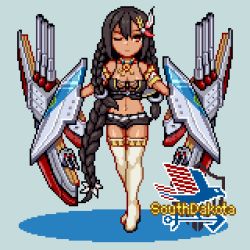 Rule 34 | 1girl, aqua background, azur lane, bare shoulders, belt, black hair, black shirt, black shorts, boots, braid, breasts, brown eyes, character name, cleavage, closed mouth, collarbone, commentary request, crop top, dark-skinned female, dark skin, eagle union (emblem), feather hair ornament, feathers, full body, hair between eyes, hair ornament, holding, holding shield, jewelry, large breasts, long hair, looking at viewer, midriff, navel, necklace, one eye closed, ookura okura, pixel art, rigging, shadow, shield, shirt, short shorts, shorts, sidelocks, simple background, solo, south dakota (azur lane), standing, tachi-e, thigh boots, thighhighs, tri braids, turret, white belt, white footwear
