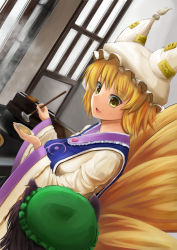 Rule 34 | 2girls, animal ears, black hair, blonde hair, cat ears, chen, commentary request, cooking, dress, dutch angle, earrings, fox tail, from above, from behind, hat, hat with ears, highres, jewelry, ladle, looking at viewer, luke (kyeftss), mob cap, multiple girls, multiple tails, ofuda, open mouth, saucer, short hair, single earring, tabard, tail, tassel, touhou, upper body, white dress, yakumo ran, yellow eyes