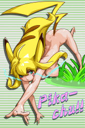 Rule 34 | 1girl, all fours, alternate costume, ass, blonde hair, blue eyes, blush, blush stickers, breasts, creatures (company), electricity, female focus, game freak, gen 1 pokemon, highres, large breasts, long hair, mr h.l., nintendo, nipples, nude, personification, pikachu, pikachu ears, pikachu tail, pokemon, pokemon ears, pokemon tail, puffy nipples, running, solo, striped, striped background, tail