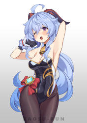 Rule 34 | 1girl, ;o, ahoge, arm up, armpits, bare shoulders, bell, black choker, black gloves, black leotard, blue hair, bow, breasts, brown pantyhose, choker, cleavage, cowbell, cowboy shot, ganyu (genshin impact), genshin impact, gloves, goat horns, gold trim, gradient background, grey background, groin, highleg, highleg leotard, highres, horns, kaosu kun, leotard, long hair, looking at viewer, low ponytail, medium breasts, one eye closed, open mouth, pantyhose, purple eyes, red bow, solo, strapless, strapless leotard, very long hair