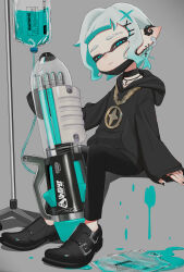Rule 34 | 1boy, absurdres, baggy clothes, ballpoint splatling (splatoon), black choker, black footwear, black hoodie, black pants, blue eyes, blue hair, choker, closed mouth, commentary, cross, cross earrings, cross necklace, earrings, eyebrow cut, full body, gradient hair, grey background, grey hair, highres, hood, hoodie, hoop earrings, inkling, inkling boy, inkling player character, invisible chair, iv stand, jewelry, male focus, multicolored hair, necklace, nintendo, paint, pants, parted lips, pointy ears, puchiman, shoes, short hair, simple background, sitting, sleeves past wrists, solo, splatoon (series), splatoon 3, symbol-only commentary, tentacle hair, thick eyebrows, two-tone hair, weapon
