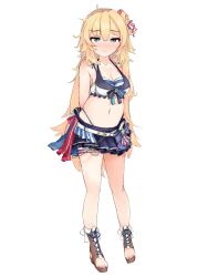 Rule 34 | 1girl, absurdres, adapted costume, akai haato, aqua eyes, arms behind back, belt, bikini, bikini skirt, blonde hair, blue bow, blue ribbon, blush, bow, breasts, brown footwear, closed mouth, eyelashes, full body, hair between eyes, hair ribbon, highleg, highleg swimsuit, highres, hololive, hololive summer 2023 swimsuit, legs, long hair, looking at viewer, medium breasts, navel, pink ribbon, pleated skirt, red ribbon, ribbon, sandals, simple background, skindentation, skirt, solo, suzu coconatu, swimsuit, thigh belt, thigh strap, thighs, toeless footwear, toenails, toes, virtual youtuber, white background
