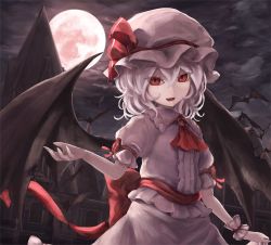 Rule 34 | 1girl, ascot, bat (animal), bat wings, blouse, brooch, cloud, cloudy sky, collared shirt, commentary, cowboy shot, fangs, frilled shirt collar, frilled sleeves, frills, full moon, grey hair, hair between eyes, hat, hat ribbon, jewelry, looking at viewer, lower teeth only, mansion, mob cap, moon, moose (moosu193), night, night sky, open mouth, outdoors, pink hat, pink shirt, pink skirt, puffy short sleeves, puffy sleeves, red ascot, red eyes, red ribbon, remilia scarlet, ribbon, shirt, short hair, short sleeves, skirt, sky, slit pupils, smile, solo, teeth, touhou, wings