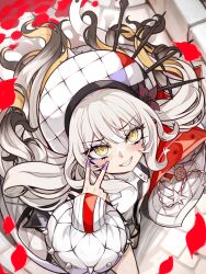 Rule 34 | 1girl, absurdres, breasts, cowboy shot, discat, dress, eyeshadow, falling petals, fate/grand order, fate (series), from above, grey hair, grin, hat, highres, jacket, long hair, long sleeves, looking at viewer, makeup, marie antoinette (alter) (fate), marie antoinette (alter) (first ascension) (fate), marie antoinette (fate), petals, purple eyeshadow, purple nails, red petals, sleeveless, sleeveless dress, small breasts, smile, solo, two side up, white hat, white jacket, yellow eyes