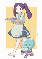 Rule 34 | 1boy, 1girl, apron, aquaman.exe, commentary request, cup, highres, klenschheim, long hair, mega man (series), mega man battle network (series), mega man battle network 4, purple eyes, purple hair, rice, shuko kido (mega man), smile, twintails