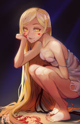 Rule 34 | 10s, 1girl, :q, barefoot, blonde hair, blood, blood on face, breasts, cleavage, dress, fang, fangs, feet, godsh0t, highres, kiss-shot acerola-orion heart-under-blade, kizumonogatari, licking lips, long hair, looking at viewer, monogatari (series), naughty face, oshino shinobu, parted bangs, pointy ears, revision, small breasts, solo, squatting, strap slip, toes, tongue, tongue out, vampire, very long hair, white dress, yellow eyes