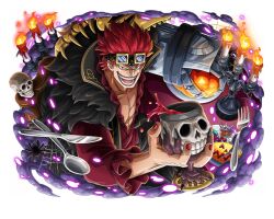 Rule 34 | 1boy, candle, chalice, cup, eustass kid, fork, goggles, goggles on head, halloween, knife, male focus, official art, one piece, one piece treasure cruise, open mouth, red hair, short hair, skull, solo, spoon, teeth