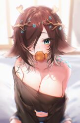 Rule 34 | 1girl, absurdres, animal ears, black skirt, blue eyes, blurry, blurry background, breasts, brown hair, cleavage, collarbone, dragon girl, dragon horns, eyelashes, food, food in mouth, gem hair ornament, hair over one eye, highres, horns, indie virtual youtuber, maru ccy, midriff, navel, off shoulder, scales, second-party source, shadow, skirt, solo, sugi aoki, taiyaki, virtual youtuber, wagashi