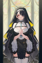 Rule 34 | 1girl, arl, black hair, blue archive, breasts, earrings, hair over one eye, halo, highres, hinata (blue archive), jewelry, large breasts, long hair, looking at viewer, nun, own hands together, red eyes, smile, solo, thighhighs, veil, white thighhighs, zettai ryouiki