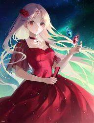 Rule 34 | 1girl, blonde hair, blush, breasts, choker, cleavage, closed mouth, collarbone, commentary request, dress, floating hair, flower, gem, gown, hair flower, hair ornament, hand fan, heeri, holding, holding fan, light particles, long dress, long hair, looking at viewer, medium breasts, nebula, original, parted bangs, red choker, red dress, red eyes, rose, see-through, see-through sleeves, shaded face, short sleeves, sky, smile, solo, star (sky), starry sky, very long hair, vial, wavy hair, wind