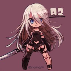 Rule 34 | 1girl, android, arms at sides, bare shoulders, black gloves, black thighhighs, blue eyes, character name, chibi, elbow gloves, emphasis lines, eyelashes, full body, gloves, hair between eyes, highres, holding, holding sword, holding weapon, joints, katana, legs apart, long hair, looking at viewer, mole, mole under mouth, nier (series), nier:automata, no nose, purple background, robot joints, silver hair, simple background, single thighhigh, solo, straight hair, sunagimo (nagimo), sword, thighhighs, twitter username, very long hair, weapon, a2 (nier:automata)
