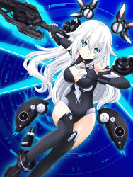 Rule 34 | 1girl, bare shoulders, black heart (neptunia), breasts, cleavage, detached wings, elbow gloves, gloves, green eyes, highres, kagura ittou, large breasts, leotard, long hair, looking at viewer, neptune (series), noire (neptunia), smile, solo, sword, symbol-shaped pupils, thighhighs, very long hair, weapon, white hair, wings