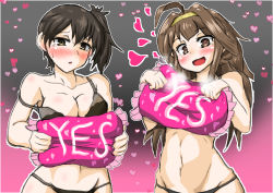Rule 34 | 10s, 2girls, bare shoulders, blush, bra, breasts, cleavage, gradient background, hairband, heart, heavy breathing, highres, kaga (kancolle), kantai collection, kongou (kancolle), konoshige (ryuun), long hair, looking at viewer, multiple girls, navel, open mouth, panties, pillow, side ponytail, smile, underwear, yes, yes-no pillow